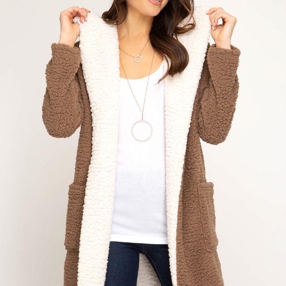 LONG SLEEVE HOODED SHEARLING FLEECE COAT - Picture 2 of 5